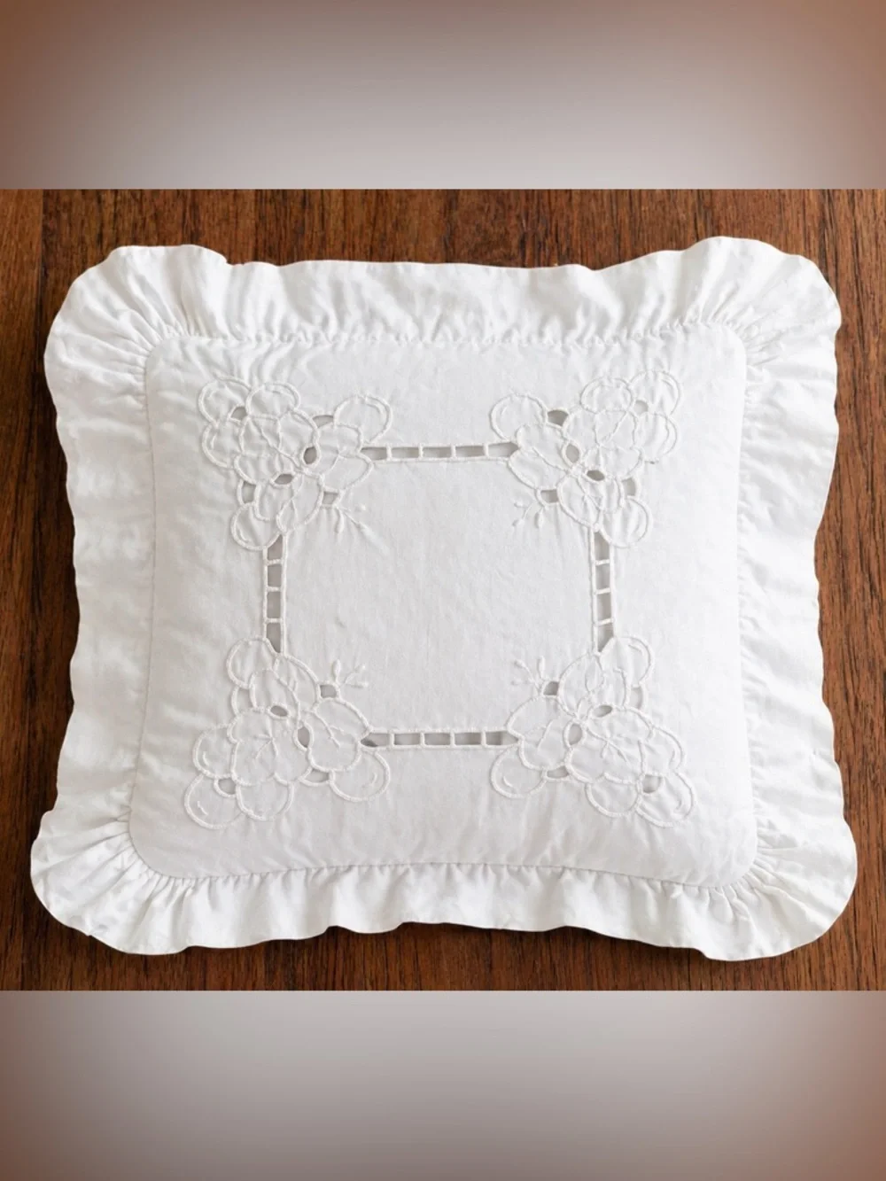 Vintage White Cutwork Embroidered Pillow Cover Handmade Cotton Ruffle Cottage